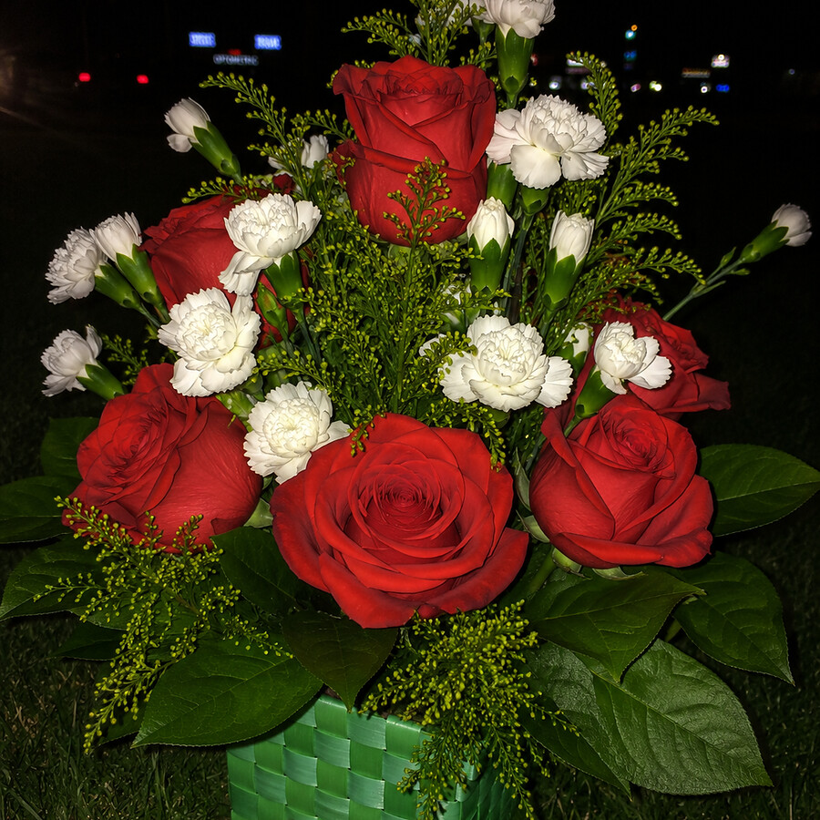 Dozen red roses with white carnations in a green basket