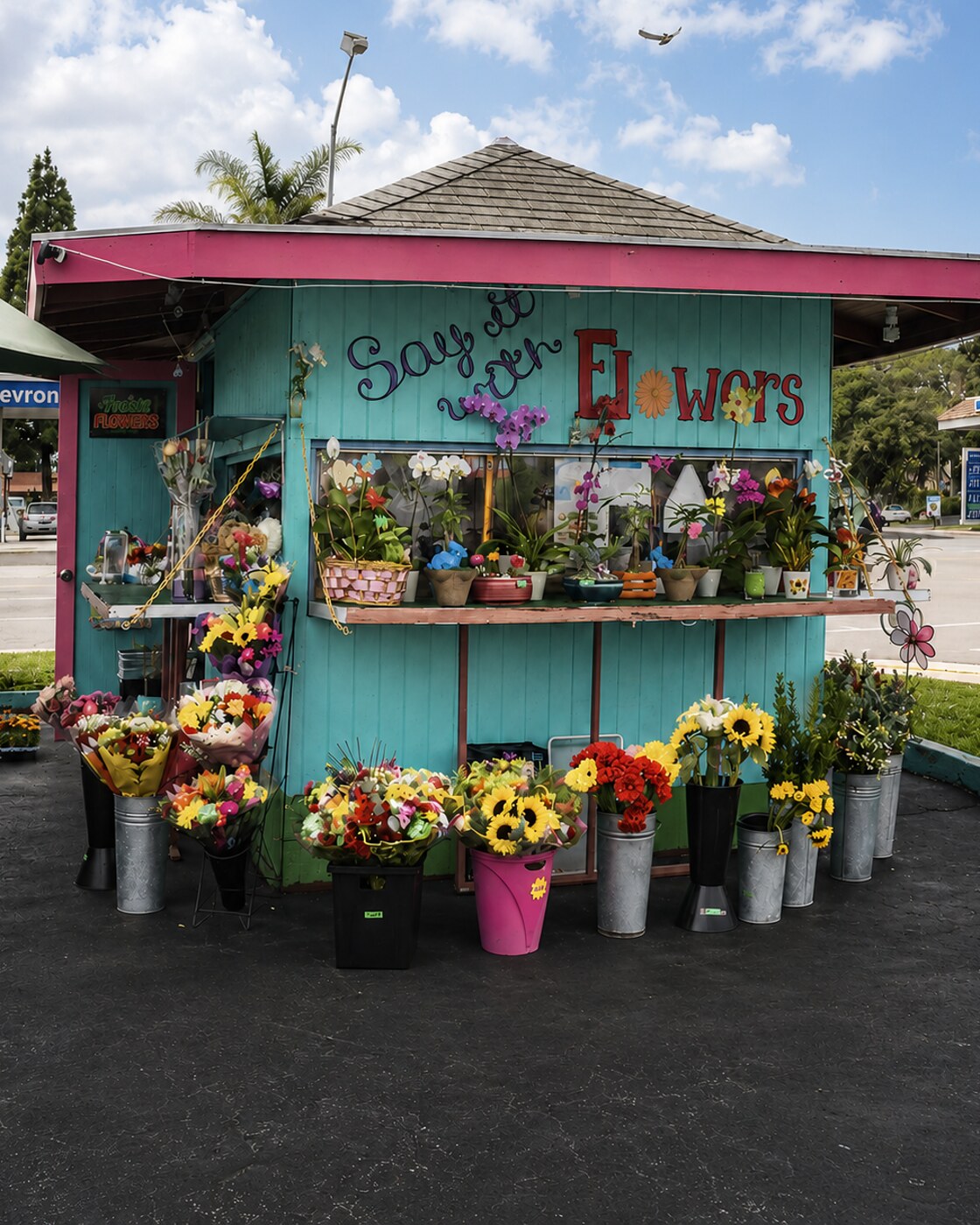 The Blossoms Flower Shop storefront, a little teal kiosk with a pyramid roof and buckets of fresh flowers out front on Ulric St in San Diego